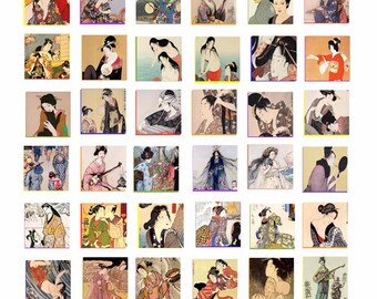 vintage asian chinese japanese women men clipart digital download collage sheet 1" inch squares images printables diy crafts