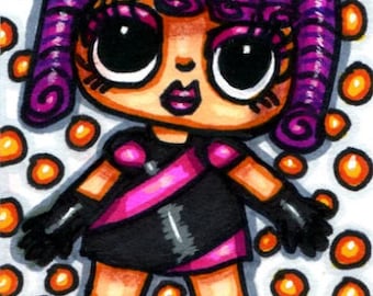 big eye gothic doll girl aceo original art, curly hair,  original markers drawings, cartoon miniature art