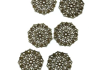 6 bronze tone metal aluminum filigrees flower charms pendants lot 35mm jewelry making