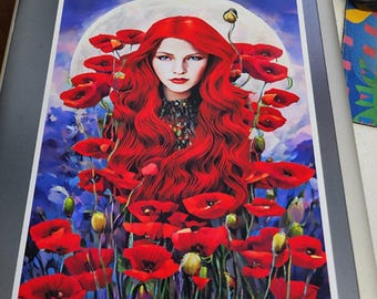 Girl Hiding In poppy field original art fantasy fairytale surreal 8x10 inch red flowers art semi gloss art print