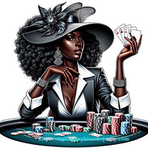 Belle femme noire jeux de hasard casino png, jetons de poker empilés quatre as cartes à jouer clipart png art imprimable téléchargement numérique graphiques