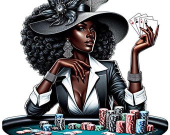 beautiful black woman gambling casino png, stacked poker chips four aces playing cards clipart png printable art digital download graphics