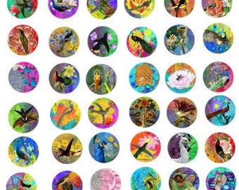 printable art, digital collage sheet, peacocks, humming birds, clipart, 1 inch circles, animal images