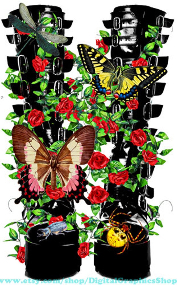 goth fashion art printables, black boots, red roses png, butterflies, bugs, watercolor clipart, shoes, instant download, digital prints