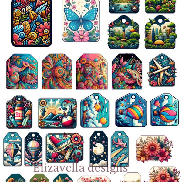 colorul art tags collage sheet, decoupage clipart flowers abstract surreal scenes digital instant download