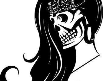female skull, biker chick, chola skeleton, clipart png, printable art, intant download, digital print, silhouette, template, day of dead