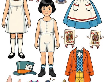 Alice in wonderland mad hatter boy girl paper dolls Digital print download