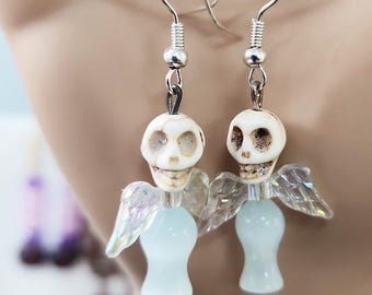skull angel earrings, day of the dead bead drop earrings handmade goth punk jewelry