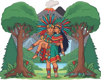 aztec warrior carrying maiden woman png jpg color illustration printable Mexican indian art, mexico people digital download,