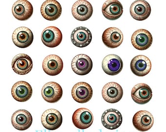 Creepy Eyeballs 1 inch circles collage sheet eyes clipart png jpg printable art halloween horror instant digital download