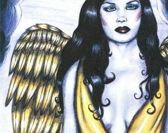 Ethereal Flight, gaurdian angel woman original art print, ball point pen drawing, spiritual fantasy modern art