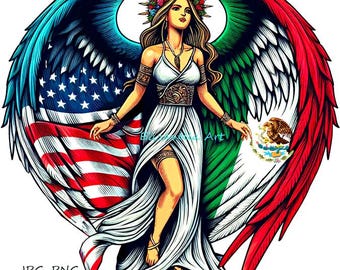 America USA Flag and Mexico flag angel woman png jpg patriotic art logo clipart color illustration