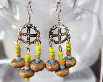circle cross chandelier earrings, wood bead drops long dangles multicolor beaded handmade jewelry