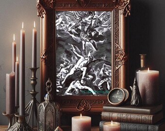 fallen angels original art drawing, Arch Angel Michael vs lucifer, ORIGINAL pen ink drawing illustration good versus evil artwork ooak