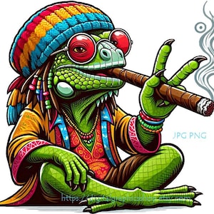 Puede incluir: Un iguana verde con un sombrero colorido y una camisa estampada, sosteniendo un cigarro encendido en su boca. El iguana tiene rastas y está sentado con las piernas cruzadas.