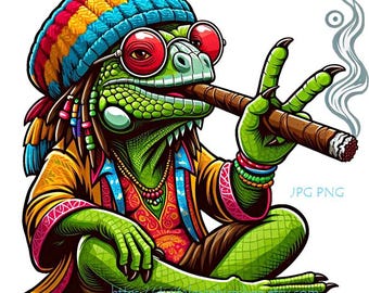 happy hippie Iguana lizard smoking marijuana cigar png, jpg, animal clipart, color illustration printable art, digital instant download