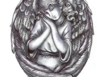 ORIGINAL angel girl drawing, child angel, pen ink drawing, fantasy, religious art, illustration