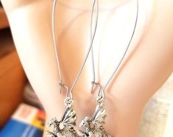 long dangle dragon earrings silver dragon charms fantasy jewelry handmade