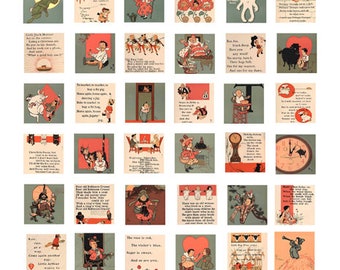 digital download collage sheet vintage mother goose nursery rhymes art clipart 1 inch squares images printables diy crafts scrapbooking