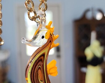 seahorse pendant necklace, orange lampwork glass, gold plated metal chain, glass animal sealife jewelry