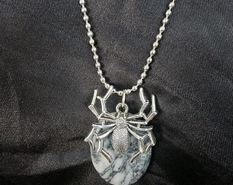 gray marble oval gemstone pendant ball chain necklace  spider charm handmade natural jewelry