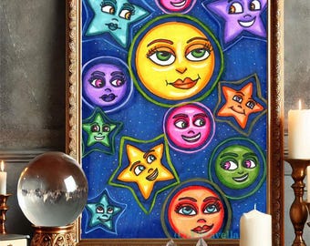 original art drawing happy moon star faces celestial art fantasy fairytale whimsical kids nursery room artwork