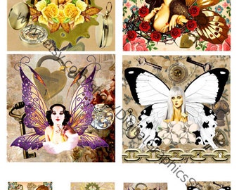 STEAMPUNK, FAIRY pinup girls, faces, png, clipart, digital print, instant download, collage sheet  3.8" inch squares, fantasy printables
