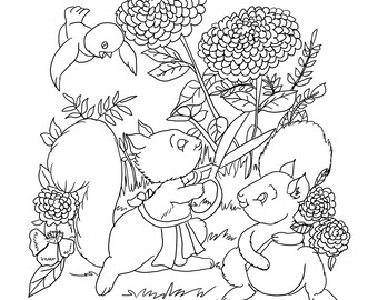 Two Squirrels and Flowers • animal line art Art• Coloring Page for Adults and kids• nature art• Instant Download Colouring jpg printable