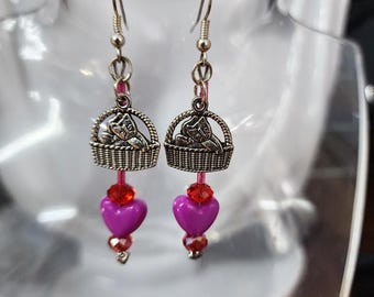 heart and cat charms earrings glass bead drops red and purple handmade jewelry