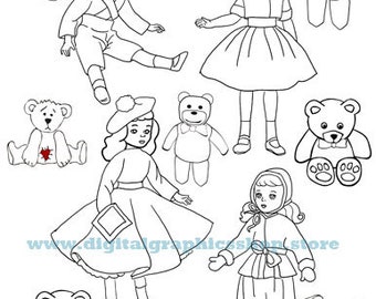paper dolls printables, teddy bears, kids coloring page, line art, digital prints, instant download, toy coloring page