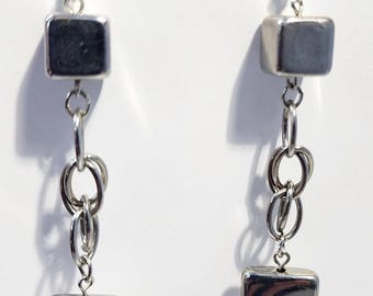 long dangle square bead earrings silver color chain jewelry handmade