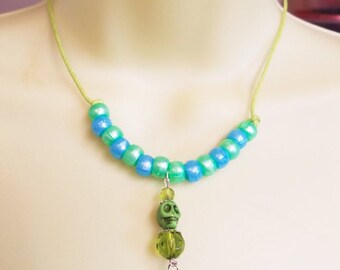 green sugar skull bead drop cord necklace day of the dead goth cosplay jewelry