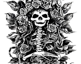 skeleton roses png, day of dead png, abstract surreal art, skull roses png clipart, tattoo illustration instant digital download printable