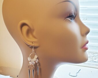 bead drop chandelier earrings, hoops dangles, spike charms, handmade, beaded earrings, glow in dark jewelry