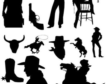 cowboy cowgirl silhouettes, clipart, png, jpg, printable art, digital collage sheet, die cuts country western instant download, rodeo images