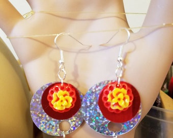 red sequin earrings, flower circle earrings, bead drop, LONG dangles, SPARKLY jewelry handmade