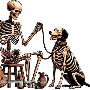 Skelettmann und sein Haustier Hund png Clipart Jpg Farbe Illustration Tag der Toten druckbare Kunst digitaler Download Halloween