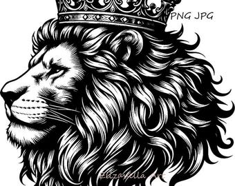 King lion Face png clipart printable art instant download, lion wearing crown jpg digital print, jungle safari animals art