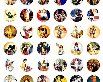 digital collage sheet vintage military women, patriotic art 4th of july clipart instant download, 1" inch circles