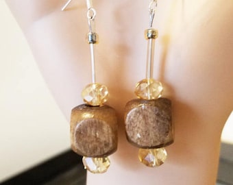 big brown bead drop earrings long dangles wood glass boho jewelry handmade