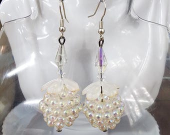 Iridescent White raspberry flower bead drop earrings, long dangles, big bead earrings handmade jewelry