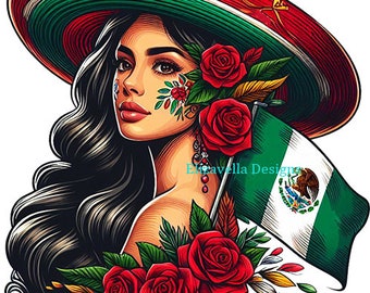 Mexican lady Mexico flag png clipart, woman wearing sombrero hat png jpg printable COLOR ILLUSTRATION art digital download