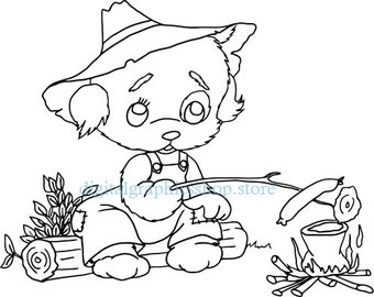 puppy dog camping art, bon fires, png clipart, svg vector coloring page, printables, line art, digital prints, instant download