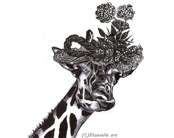 giraffe wearing flower hat ink drawing, original art outsider folk animal nature art