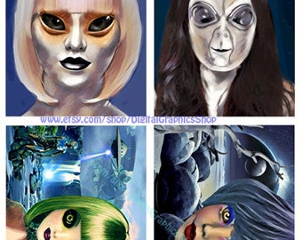 space alien women, original digital print, collage sheet, 4" x 5" images, instant download, horror, science fiction