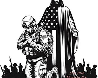 Jesus Christ and American soldier praying png USA flag png  jpg patriotic art logo military vet clipart America Proud Logo jpg Clipart