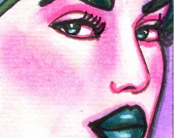 pink and teal womans face aceo original art drawing makeup beauty miniature portrait