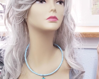 blue  glass beaded necklace, glass twisty pendant, wire necklace, handmade bead jewelry