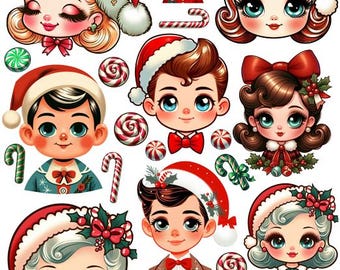 1950s 1960s cute boy and girl Doll faces Christmas collage sheet clipart digital print download for junk journals scrapbooking decoupage