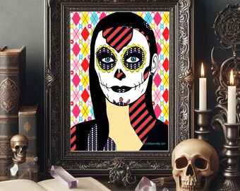 honoring of ancestors Day Of The Dead skull face woman art original abstract Mexican folk contemporary artwork